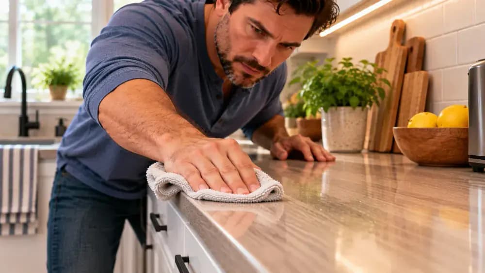 Adult homeowner drying a laminate countertop corner with a folded cotton towel after a small spill cleanup