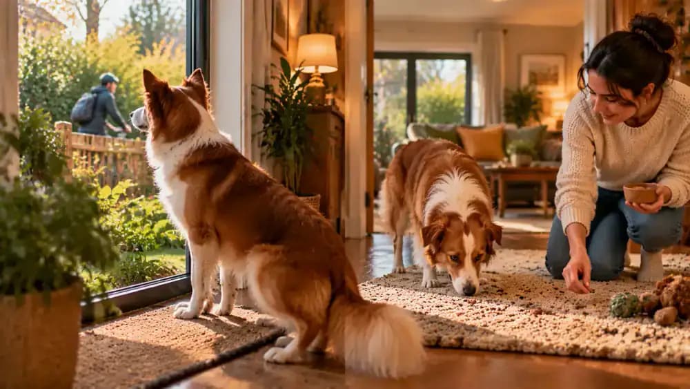 Dog remaining alert near a window after a cyclist passes while the owner guides it to another room and scatters treats on a rug for a relaxing sniffing activity.
