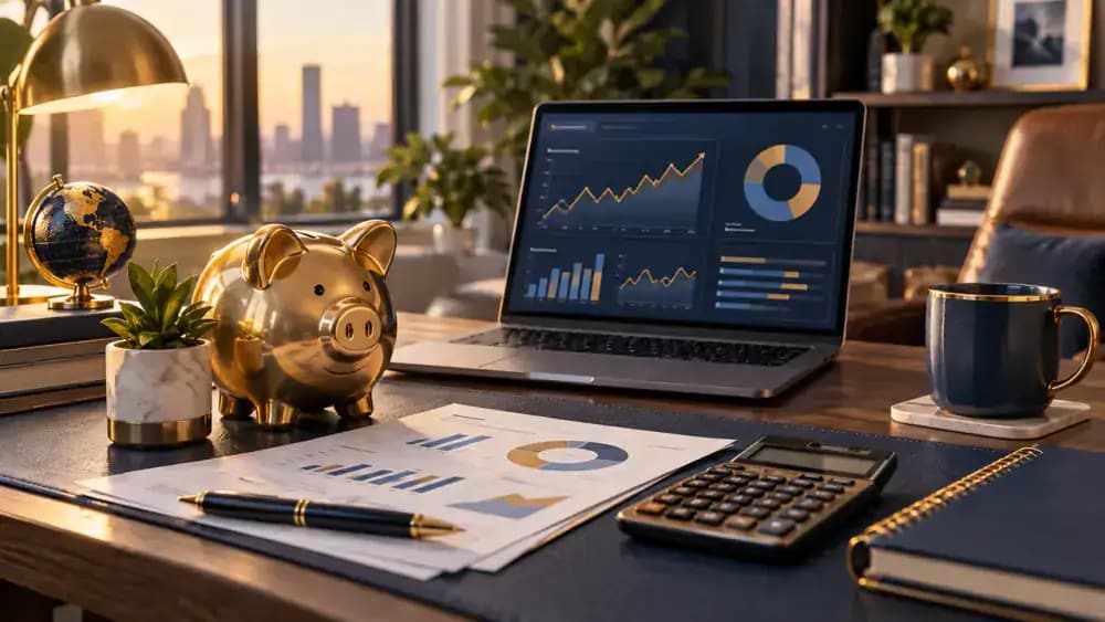 Small piggy bank with a few coins beside an inviting digital investment workstation.