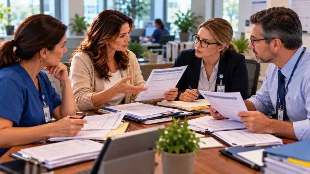 Fictional referral coordinator reviewing conflicting referral status cards with two administrative representatives while a patient representative records the responsible contact, next action, and expected update date.