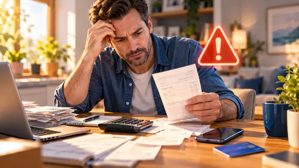 Adult reviewing an unexpected financial charge beside a calculator and warning symbol.