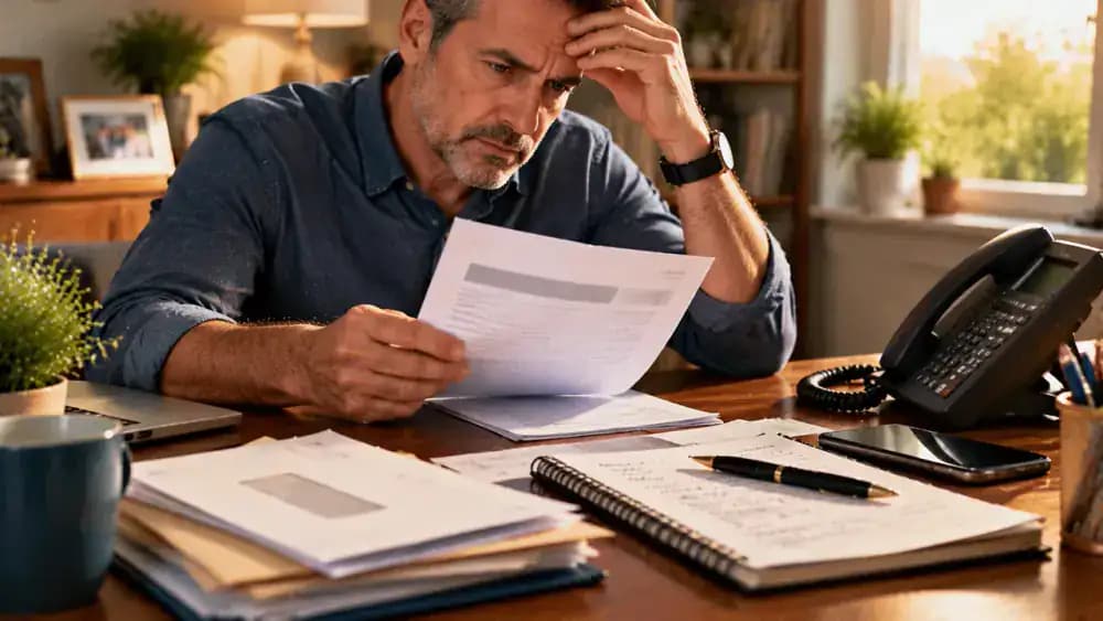 Consumer reviewing a collection letter beside a telephone and handwritten notes.