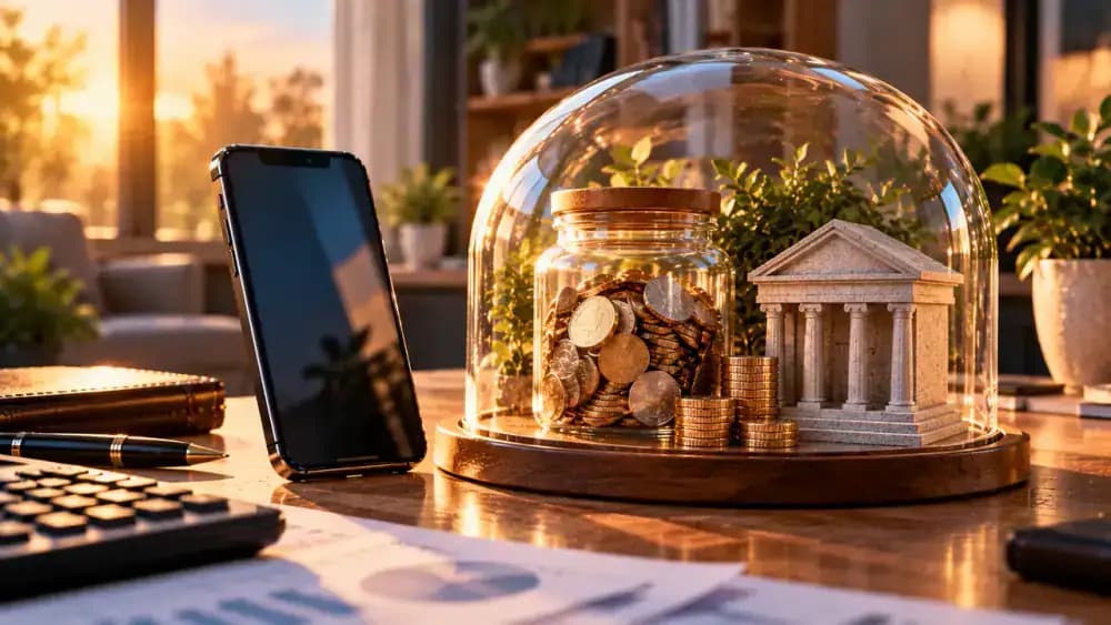 Smartphone beside a savings jar and miniature bank protected by a transparent dome, symbolizing moving funds to an insured account.