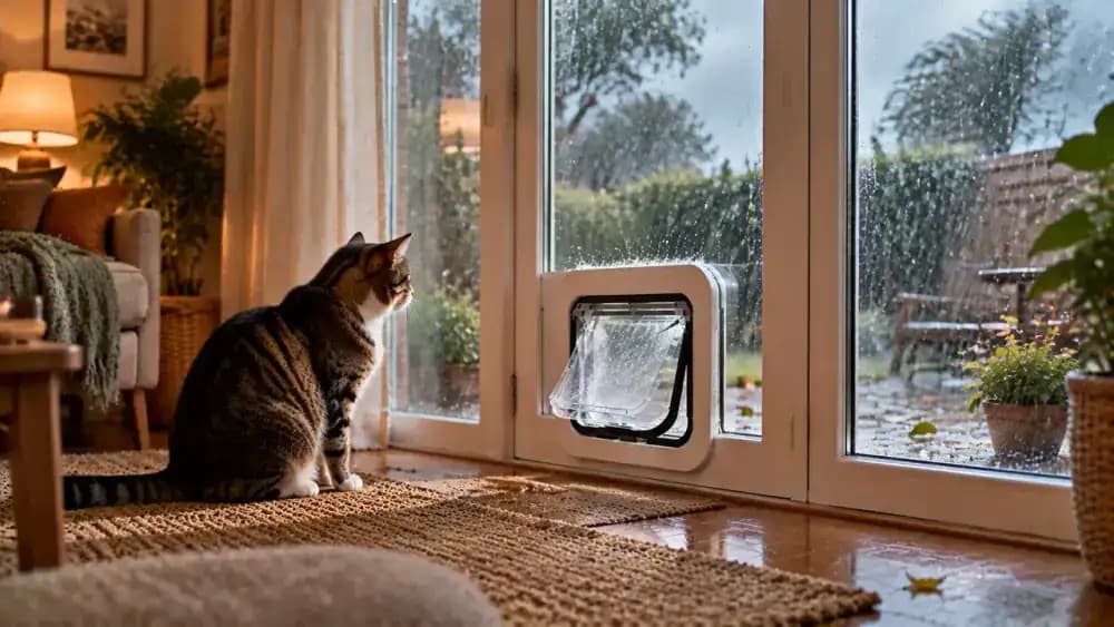A cat watches a trembling pet flap from a sheltered indoor spot as rain falls outside and its owner secures the exterior door.