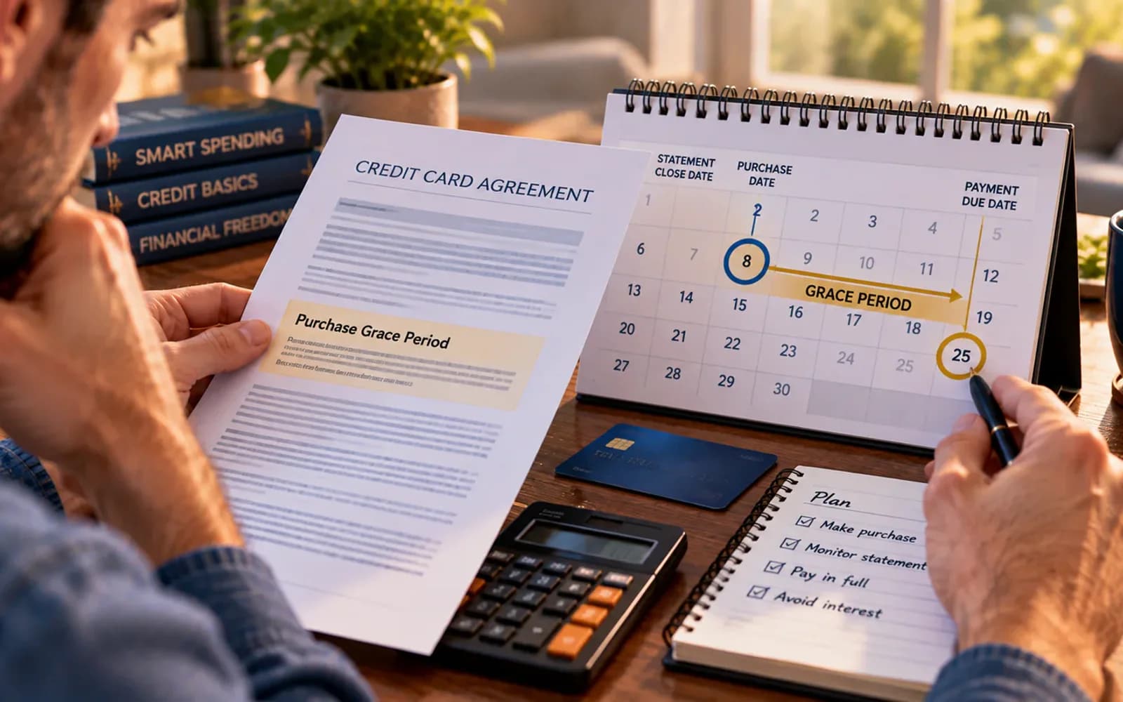 Credit card agreement highlighting purchase grace period rules