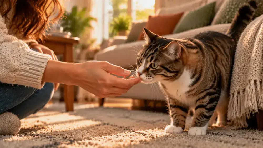 An owner demonstrating a hand approaching a cat from above, then offering a relaxed hand slowly from the side at the cat's eye level as the cat calmly sniffs the fingers.
