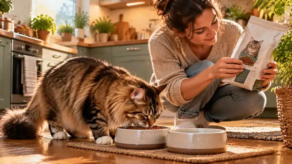 Long-haired cat eating its regular balanced food beside a clean bowl of fresh water, with its owner checking the food packaging and discussing coat changes during a veterinary appointment.