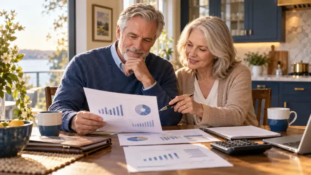 Retired couple reviewing financial accounts at home