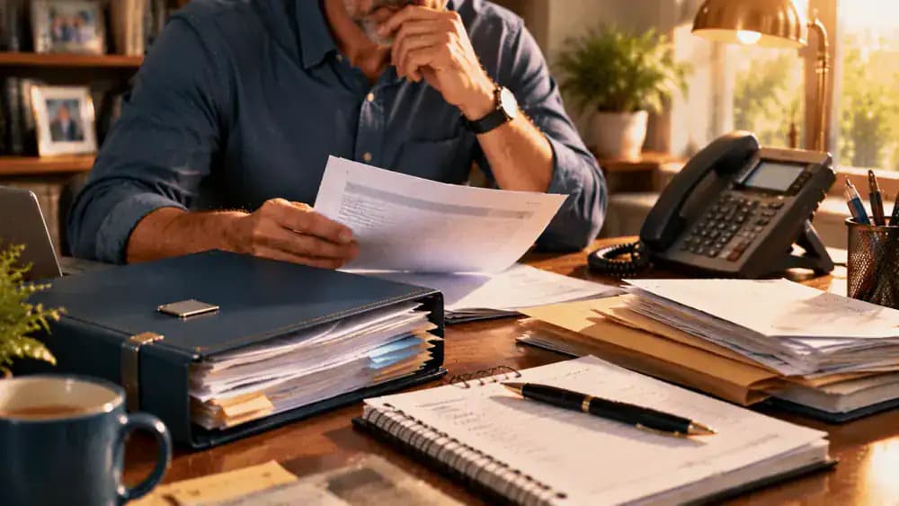 Confidential employee paperwork beside a phone log and organized collection correspondence.