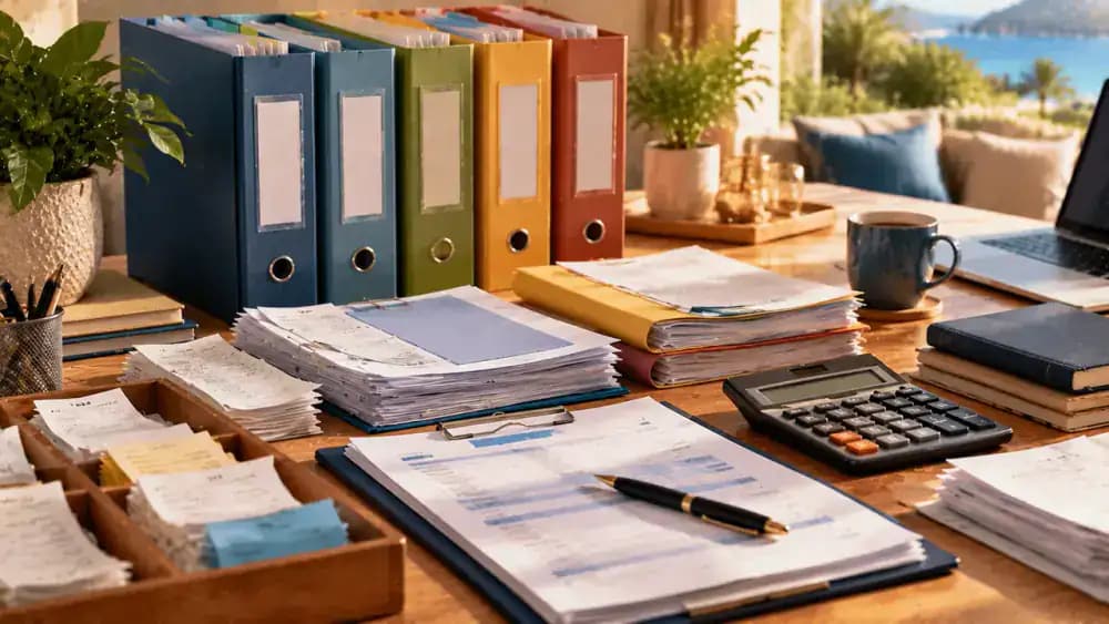 Color-organized folders, receipts, invoices, and calculator arranged neatly on a desk.