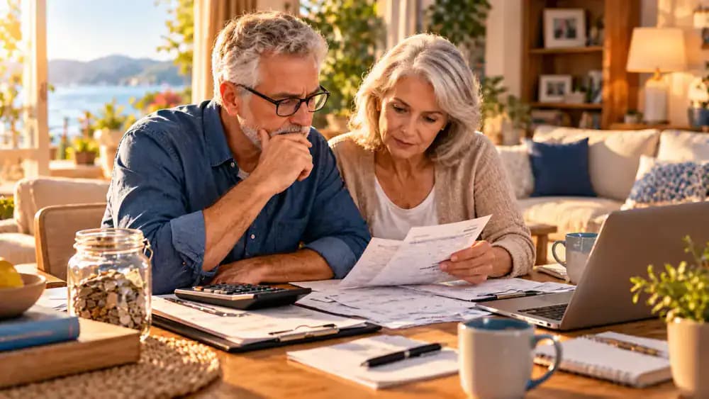 Retired couple reviewing healthcare finances together in a comfortable living room.