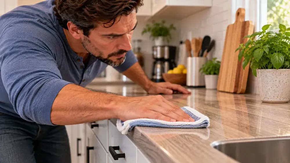 Adult homeowner using a folded dry towel to check moisture around a kitchen sink cutout, backsplash joint, and laminate seam under bright light
