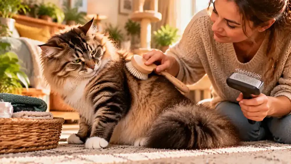 Long-haired cat turning away from a firm grooming brush while its owner switches to a softer brush and gently tests a few strokes on the cat's shoulder.
