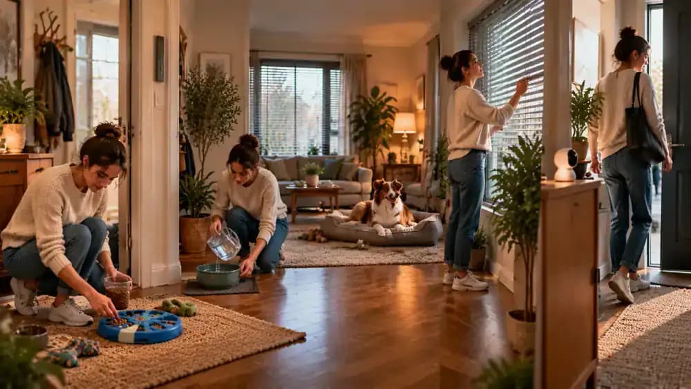 Owner preparing a food puzzle, filling the dog's water bowl, closing blinds facing a busy street, and checking a home camera before leaving through the front door.