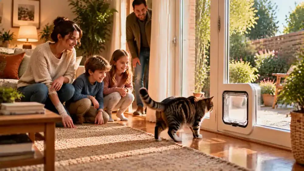 Children pause their play while a visitor steps away from the pet flap, giving a cat space to approach as the owner supervises calmly.