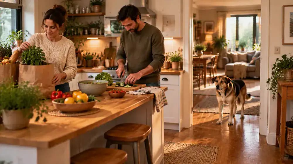 Newly adopted dog watching from a comfortable distance near the doorway while family members prepare lunch and sort groceries calmly in a busy kitchen.