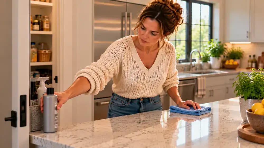 Homeowner checking manufacturer care instructions beside unopened countertop polish and wax containers, then returning the products to storage and gently dusting a clean light gray engineered quartz countertop with a dry microfiber cloth.