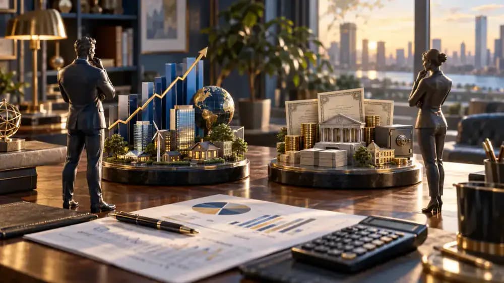 Two investor silhouettes beside contrasting portfolio models containing different proportions of investment assets.