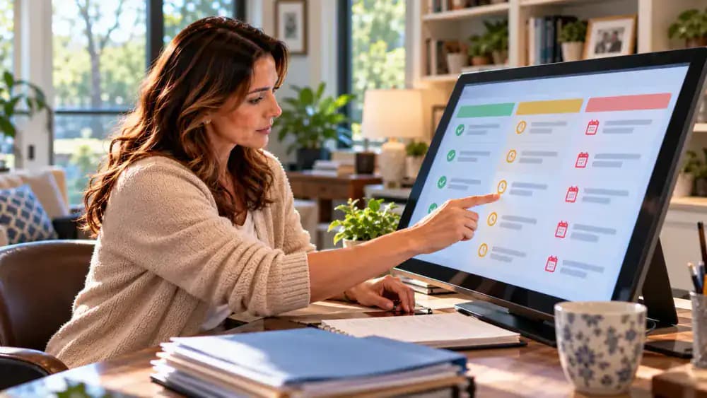 Caregiver reviewing a fictional medical referral tracking spreadsheet on a wall-mounted touchscreen, checking office contacts, referral dates, receipt confirmation, insurance requirements, and scheduling status while assigning follow-up dates to pending tasks.