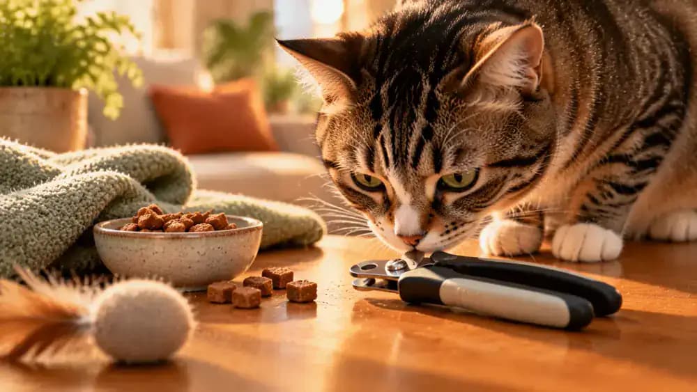 A cat sniffing near a closed nail clipper placed several inches from a treat plate on a clean tabletop while its owner keeps their hands away from the cat's paws.