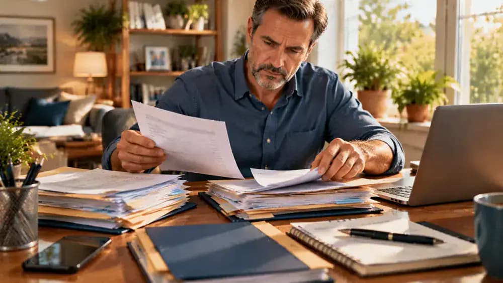 Person organizing complaint documents beside a laptop in a bright home office.