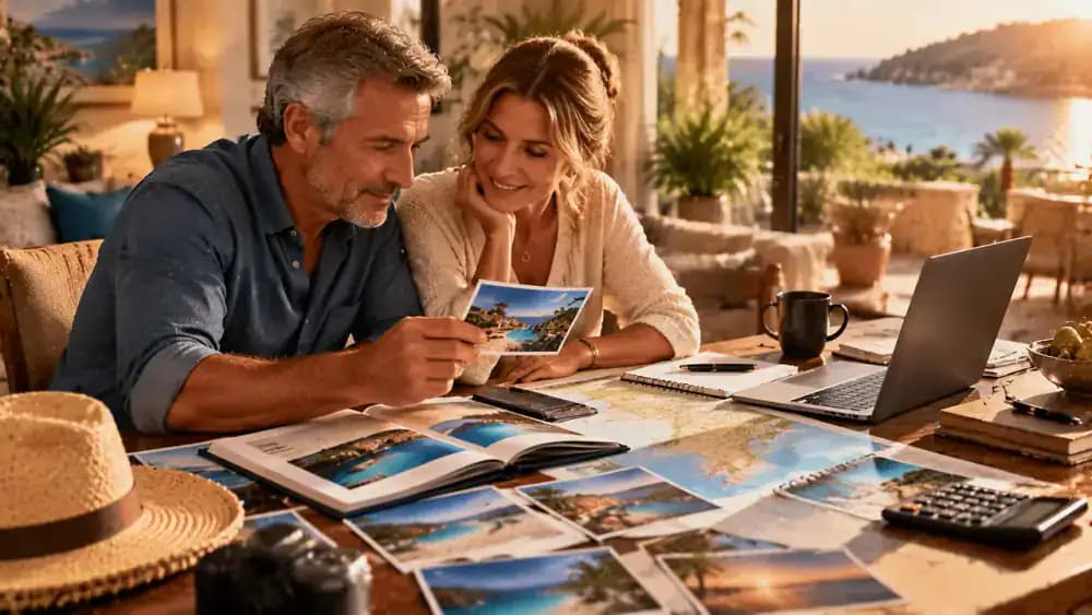 Mature couple reviewing vacation photographs and travel plans at home.