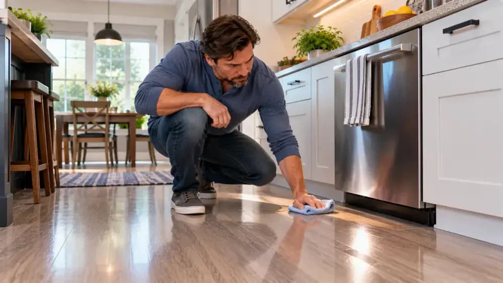 Homeowner inspecting a laminate countertop under window light and wiping a small residue patch with a microfiber cloth