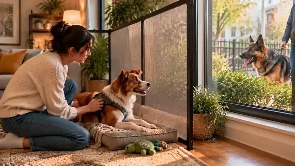 Owner calmly guiding a tense dog away from a clear window where a large dog is passing outside, creating distance behind a screen so the dog can relax.