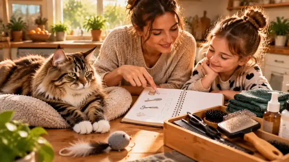Two family members reviewing a cat grooming checklist and discussing gentle brushing techniques, followed by a pet sitter checking the instructions beside a prepared grooming kit.
