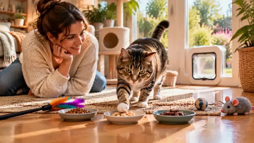 An owner offers a choice of small treats, a favorite toy, and other rewards while a cat shows interest in one option near the pet flap.
