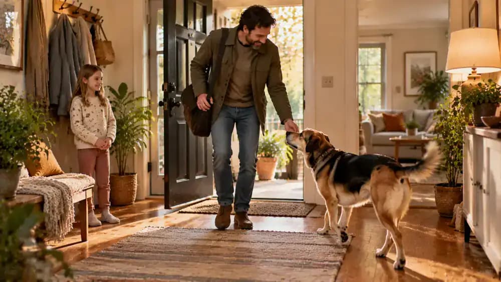 Adult entering the front door with a work bag while a newly adopted dog approaches and a child waits calmly behind a marked line in the hallway.