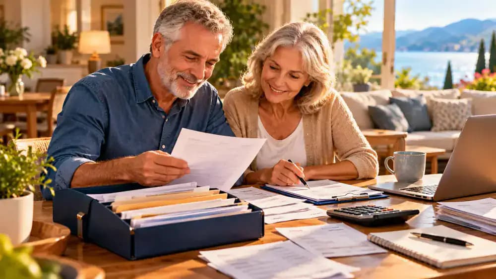 Older couple organizing healthcare paperwork and retirement savings documents at home.