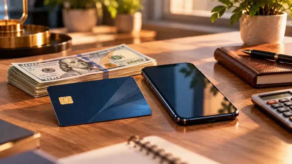 Credit card, smartphone, and cash arranged on a desk to compare payment methods and their consumer protections.