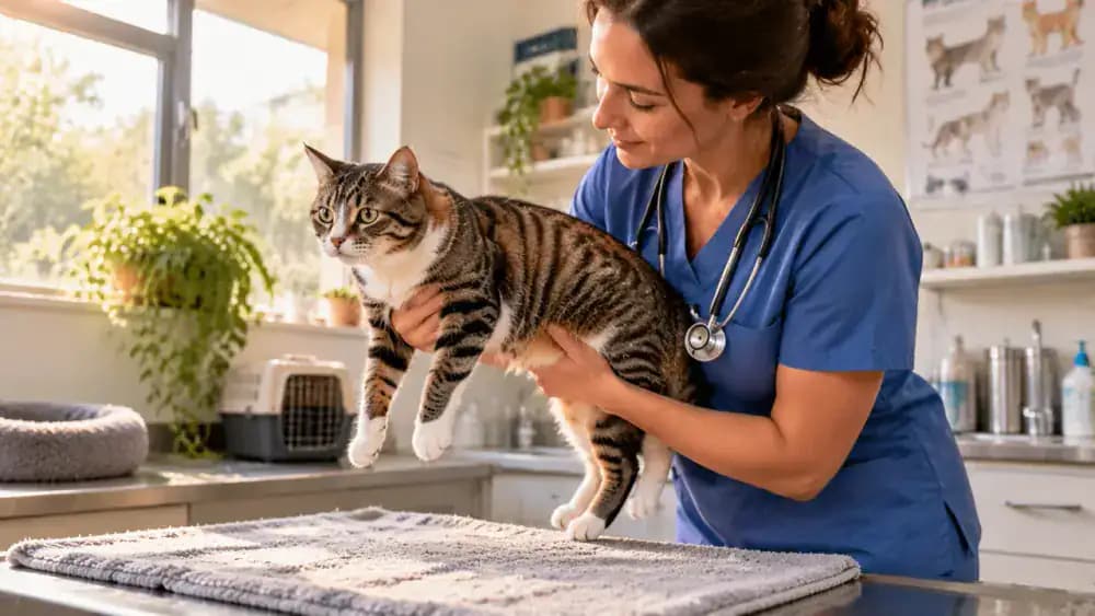 A veterinary professional demonstrating how to support a calm cat's chest and hindquarters before a small lift, then gently returning the cat to the floor.