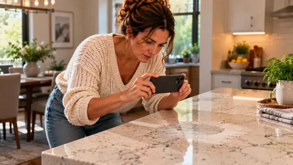 Homeowner photographing a persistent cloudy patch on a light gray engineered quartz countertop with a smartphone, then recording previously used cleaning products in a notebook beside the manufacturer's care guide at a kitchen table.
