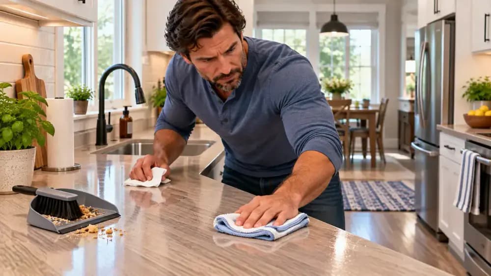 Adult homeowner demonstrating low moisture routine cleaning on a clean laminate kitchen counter with a dry towel, crumbs, and a wrung microfiber cloth
