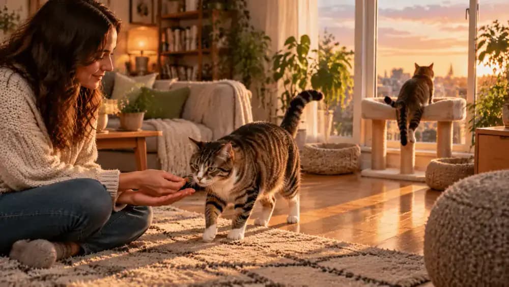 An owner placing a treat beside an open hand on the floor while a cat takes the treat and walks freely toward a nearby window perch.