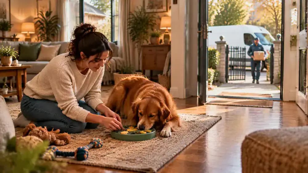 Owner offering a quiet enrichment game to a dog at a comfortable distance from the front door while a delivery van stops outside and footsteps and a gate are heard.
