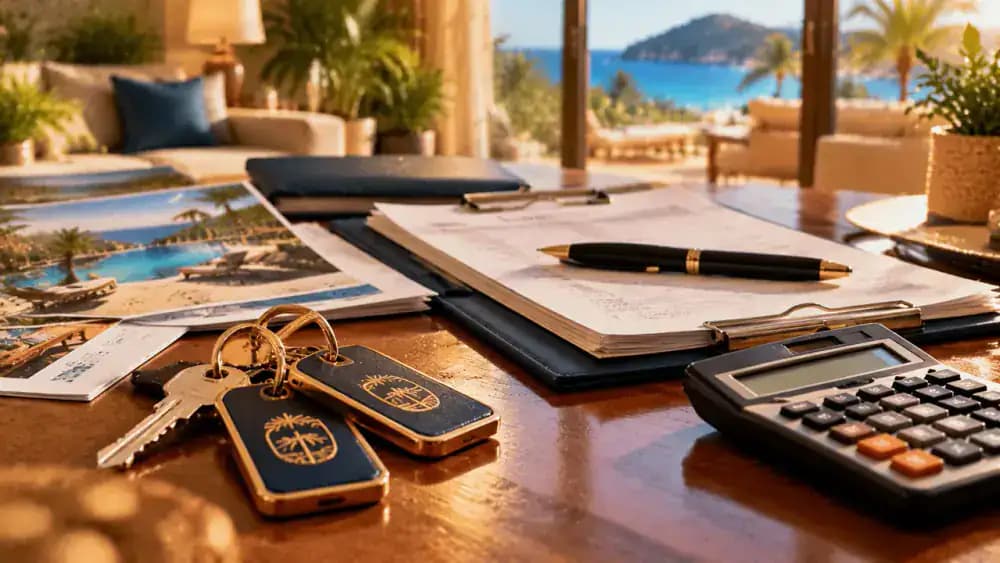 Resort room keys beside rental paperwork and a calculator.