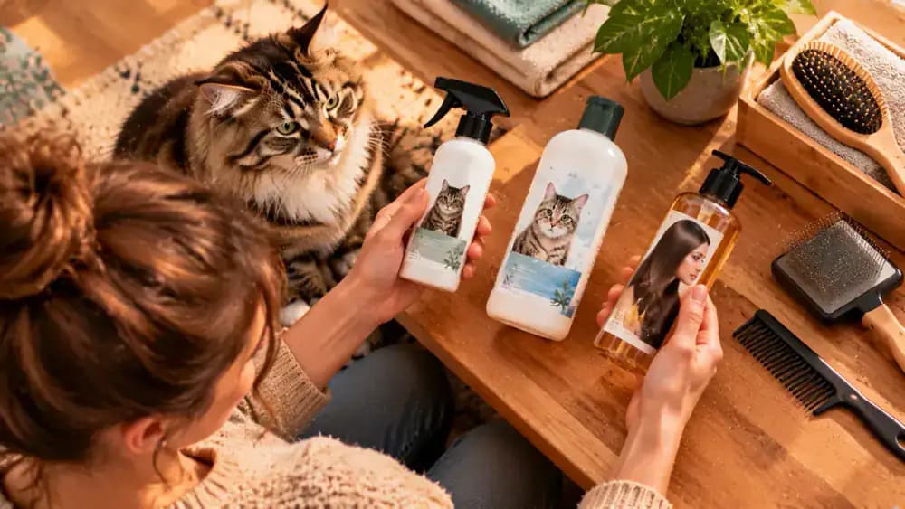 Cat-specific grooming spray and feline shampoo arranged on a tabletop while an owner reads a product label and keeps an unlabeled household hair product away from the cat.