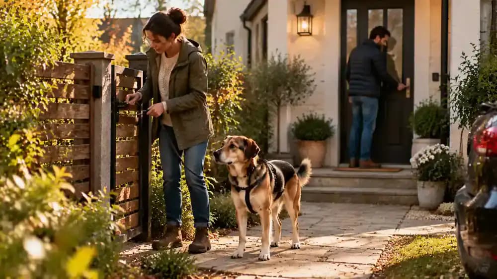 Owner checking a garden gate latch while keeping a newly adopted dog beside them on a leash as another household member checks the closed front door.