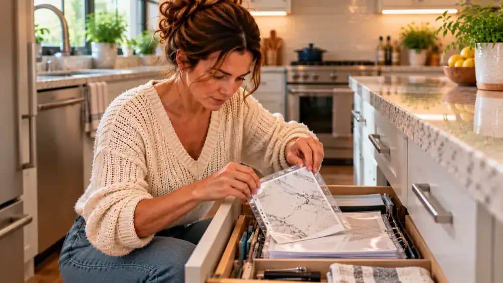 Homeowner organizing printed engineered quartz countertop care instructions in a protective sleeve inside a household maintenance binder, photographing important pages with a smartphone, and storing the binder at a kitchen organization station.
