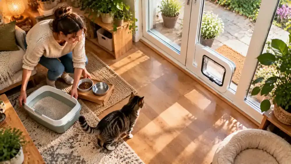 An owner moves a food bowl and litter tray away from a pet flap, leaving a clear approach while the cat explores the space.
