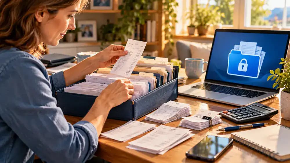 Organized medical receipts beside a laptop displaying secure digital storage.