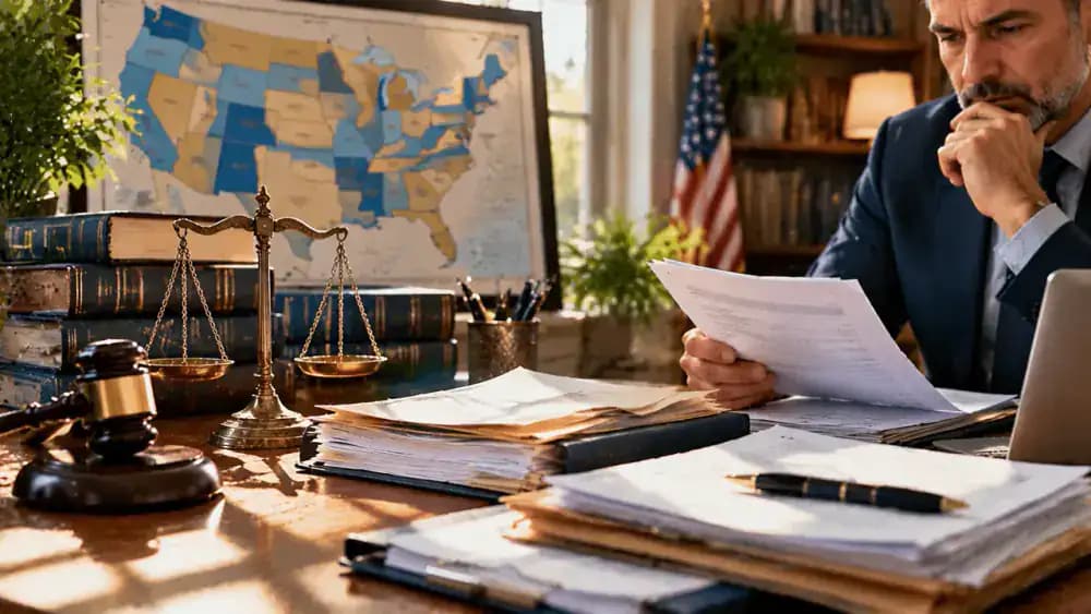 United States map beside state law reference books and organized court paperwork.