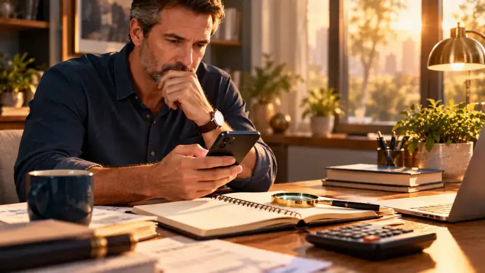 Thoughtful consumer reviewing payment app information with a notebook and magnifying glass to evaluate fraud protection policies.