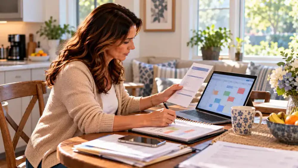 Caregiver at a home breakfast nook updating a fictional medical referral follow-up date and reference number on a laptop while keeping appointment status separate on a wall calendar.