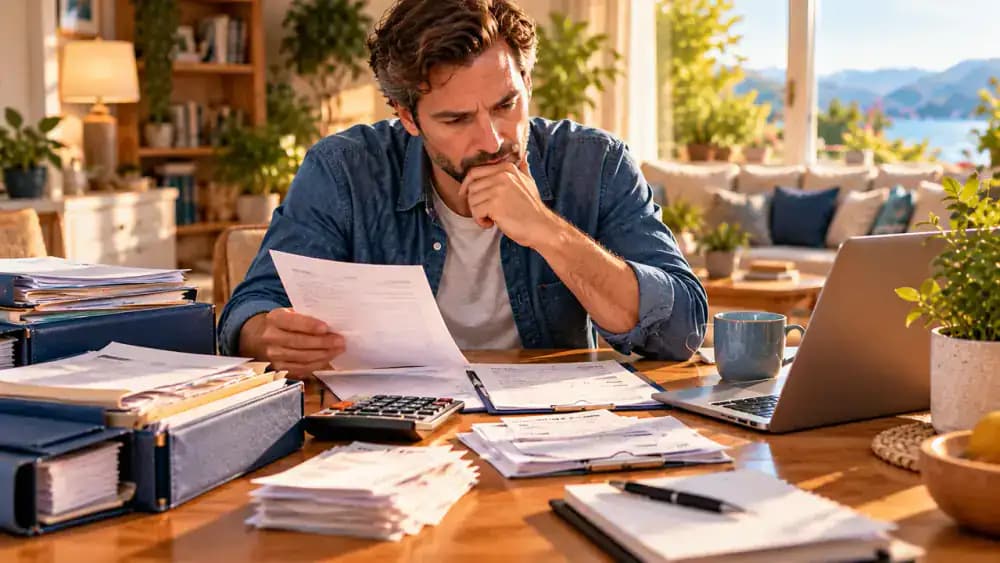 Thoughtful adult reviewing household finances, investment information, and medical expense documents.
