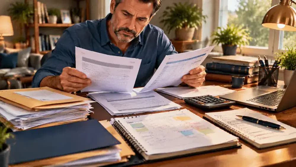 Legal notices, pay stubs, calendar, and organized checklist on a home office desk.