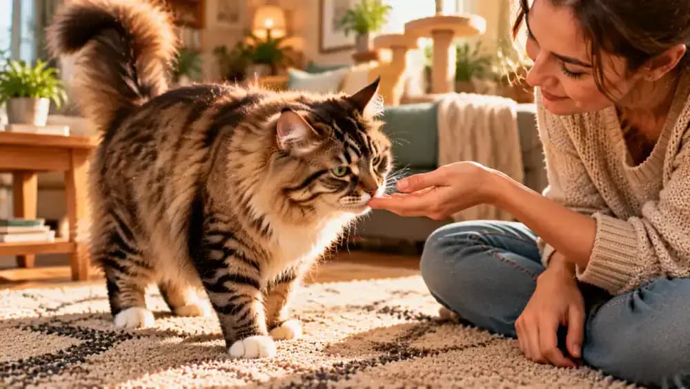 Long-haired cat voluntarily approaching its owner on a soft rug, sniffing a hand before receiving gentle handling without restraint.